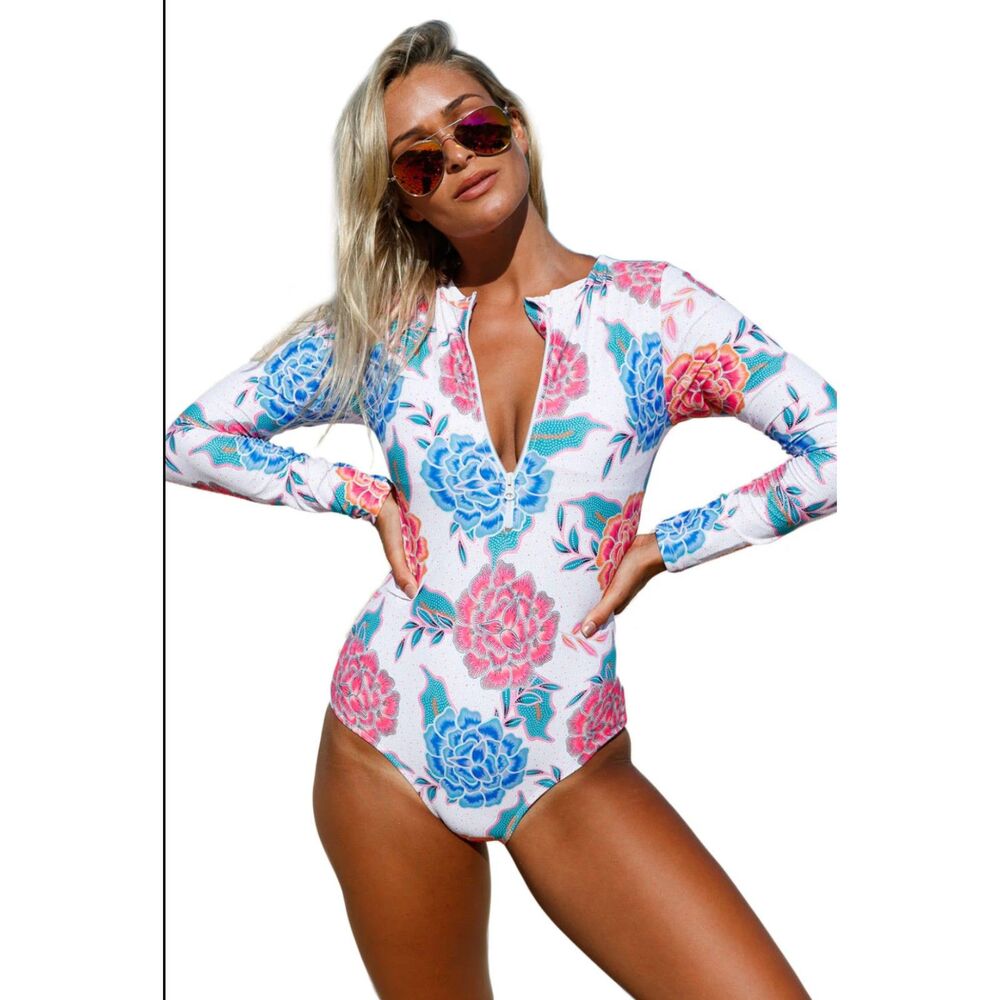 Long Sleeve Zip Front One Piece Swimsuit Women's Size S Pink/Blue/White